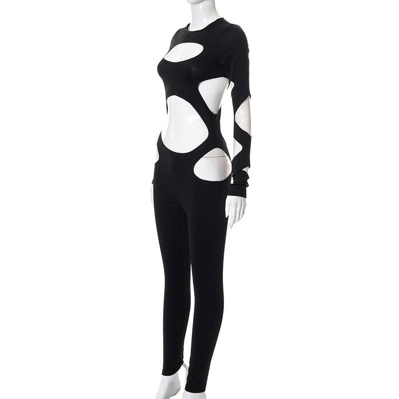 Hollow out long sleeve crewneck solid jumpsuit