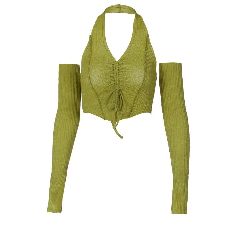 Rückenfreies Crop-Top mit strukturierten Neckholder-Handschuhen und Kordelzug 