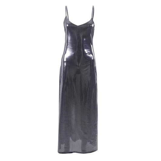 Metallic v neck backless solid low cut cami maxi dress