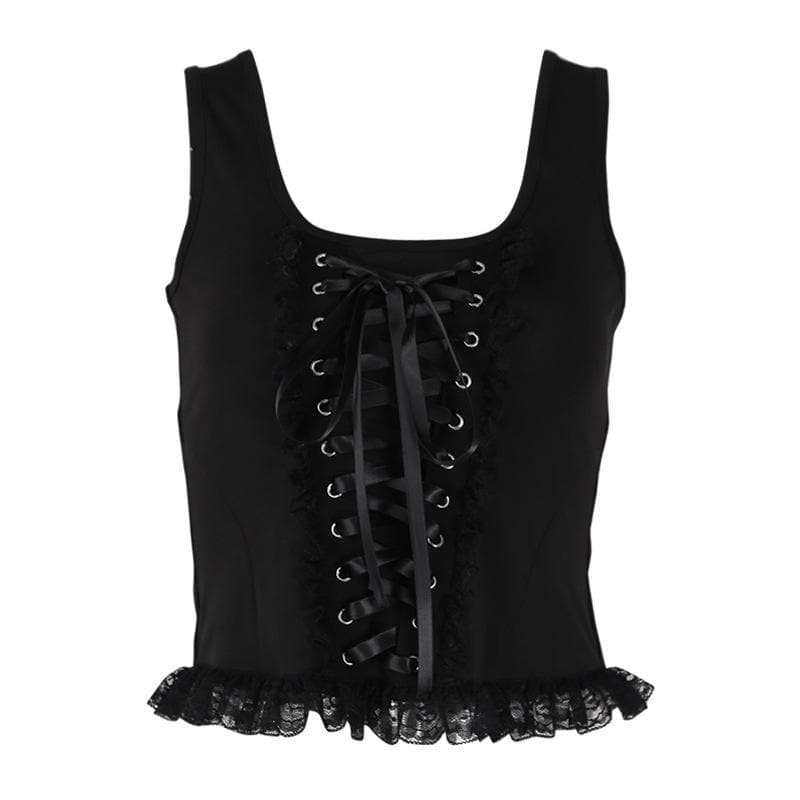 Sleeveless solid lace up zip-up lace hem self tie crop top