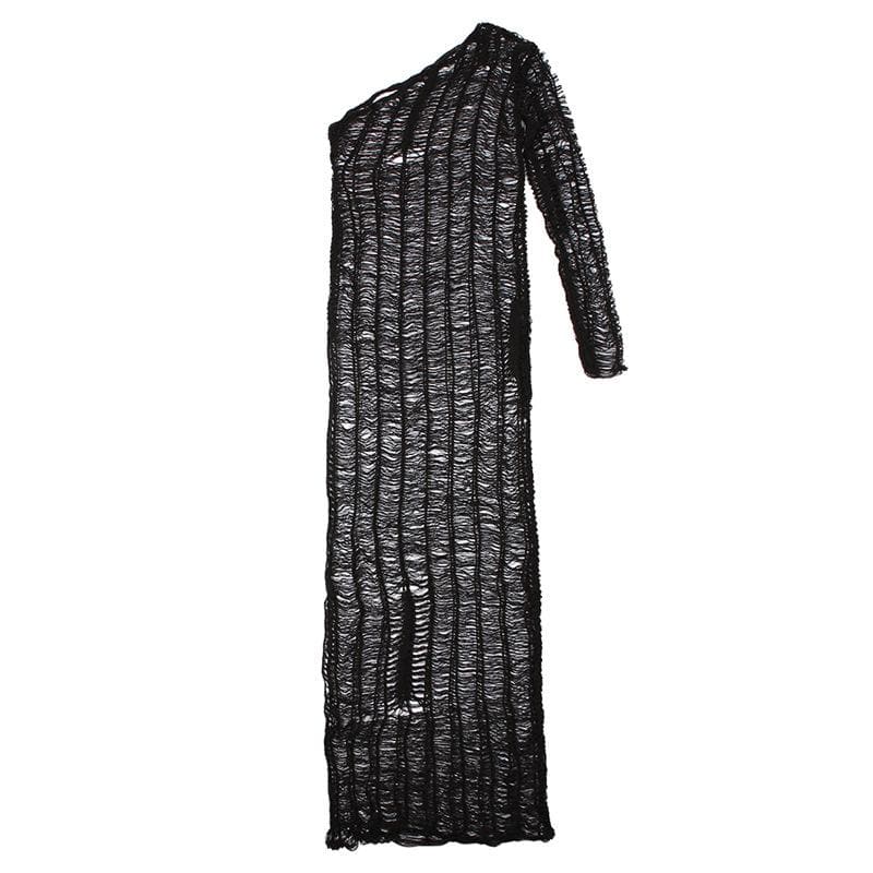 Knitted see through one shoulder long sleeve solid crochet maxi dress