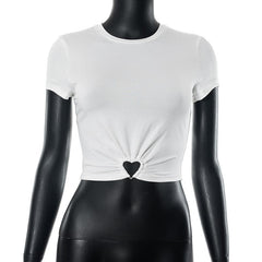 Heart ring ruched short sleeve solid crewneck crop top