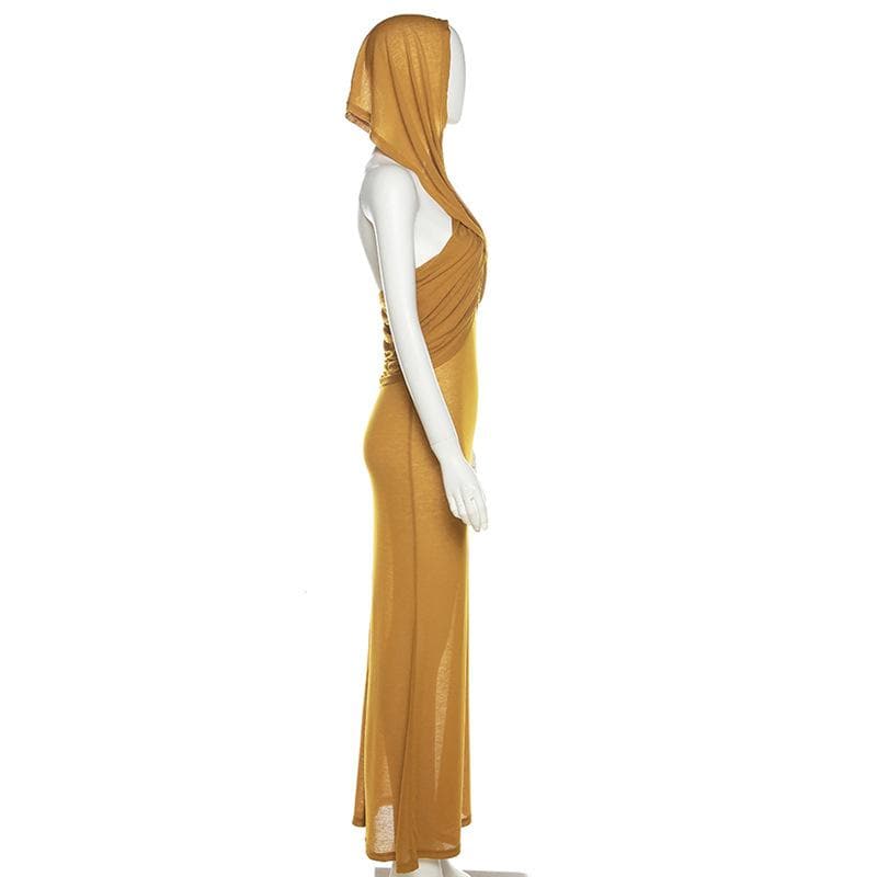 Hoodie solid cross front ruched backless sleeveless maxi dress