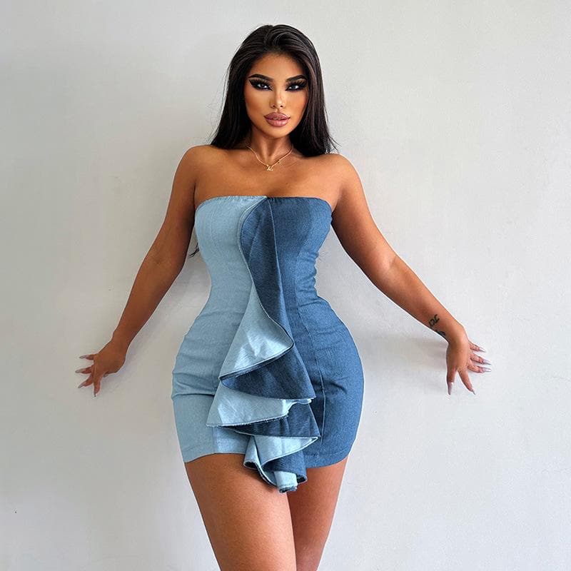 Ruffle contrast patchwork denim backless tube mini dress