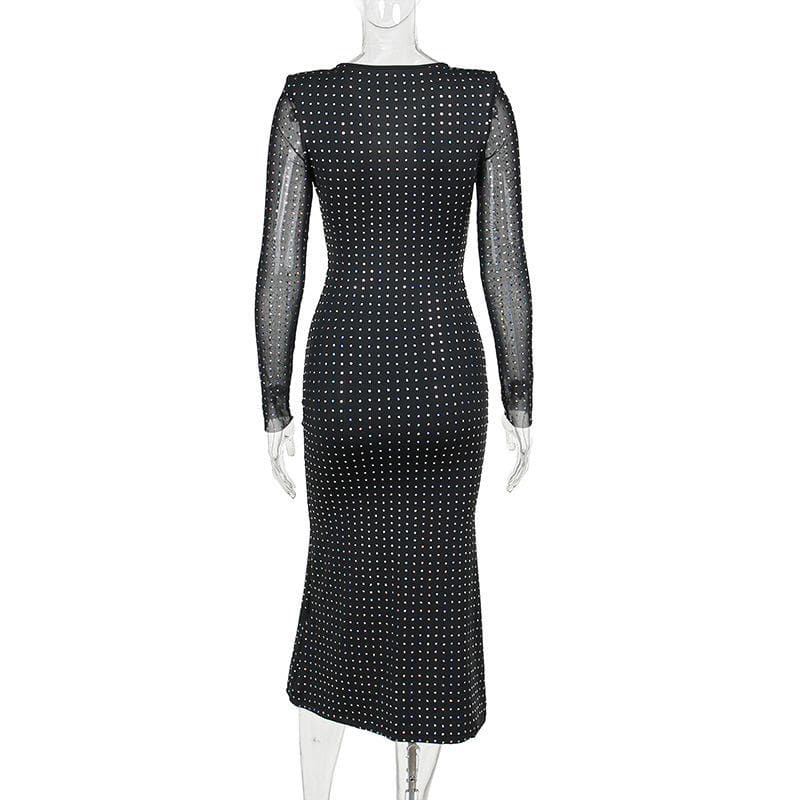 Polka dot contrast hollow out long sleeve mesh midi dress