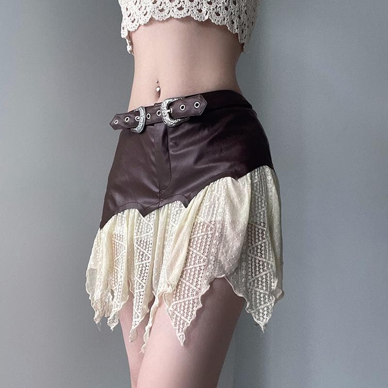 Irregular PU leather patchwork ruffle belt textured mini skirt