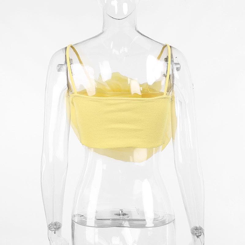 Rückenfreies, einfarbiges Camisole-Crop-Top aus geripptem Netzstoff mit Blumenapplikation