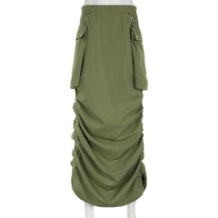 Ruched solid button cargo pocket zip-up midi skirt