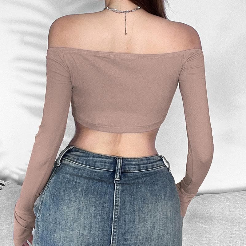 Hollow out off shoulder gloves long sleeve solid crop top