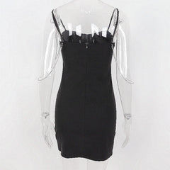 Metal chain zip-up solid sweetheart neck tassels cami dress