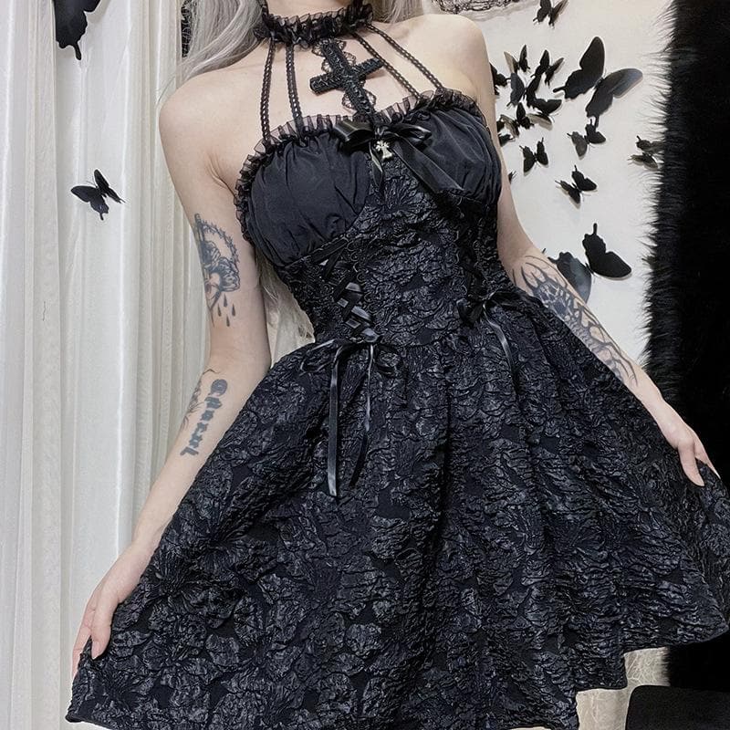 Minikleid mit strukturierter Kreuzapplikation, Rüschen, Neckholder, Reißverschluss und Schnürung | viktorianische Gothic-Kleider