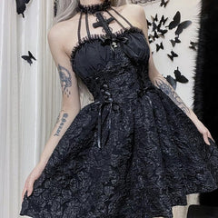 Textured cross applique ruffle halter zip-up lace up mini dress | victorian gothic dresses