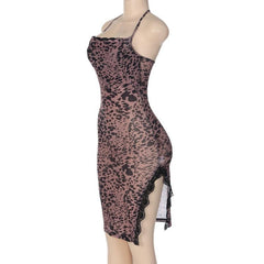 Leopard print contrast lace hem halter slit mini dress