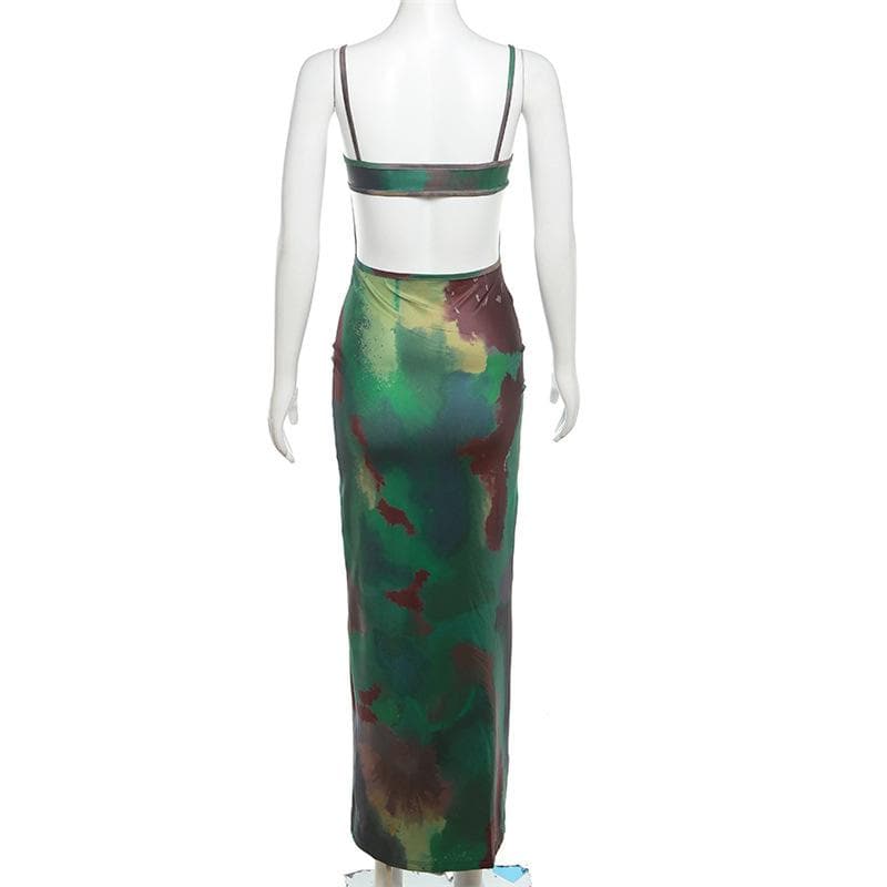 Tie dye v neck contrast hollow out backless cami maxi dress