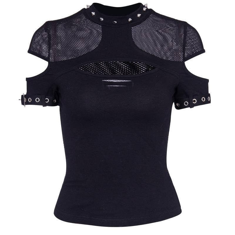 Fishnet patchwork hollow out short sleeve buckle top