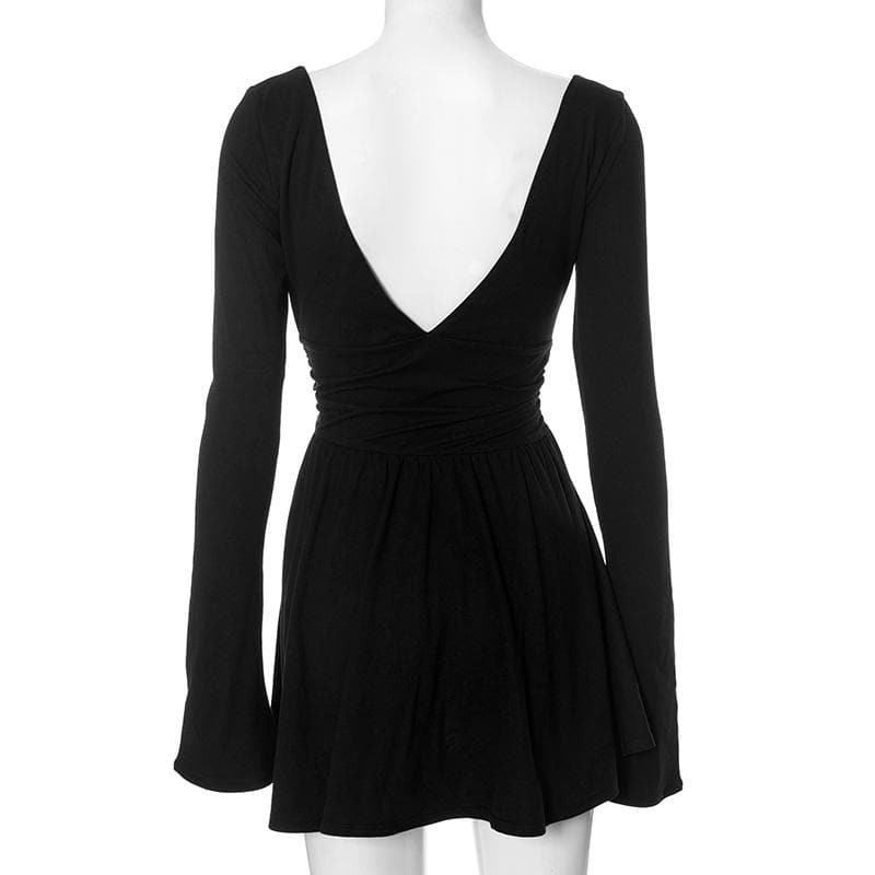 Long flared sleeve backless v neck ruched solid mini dress