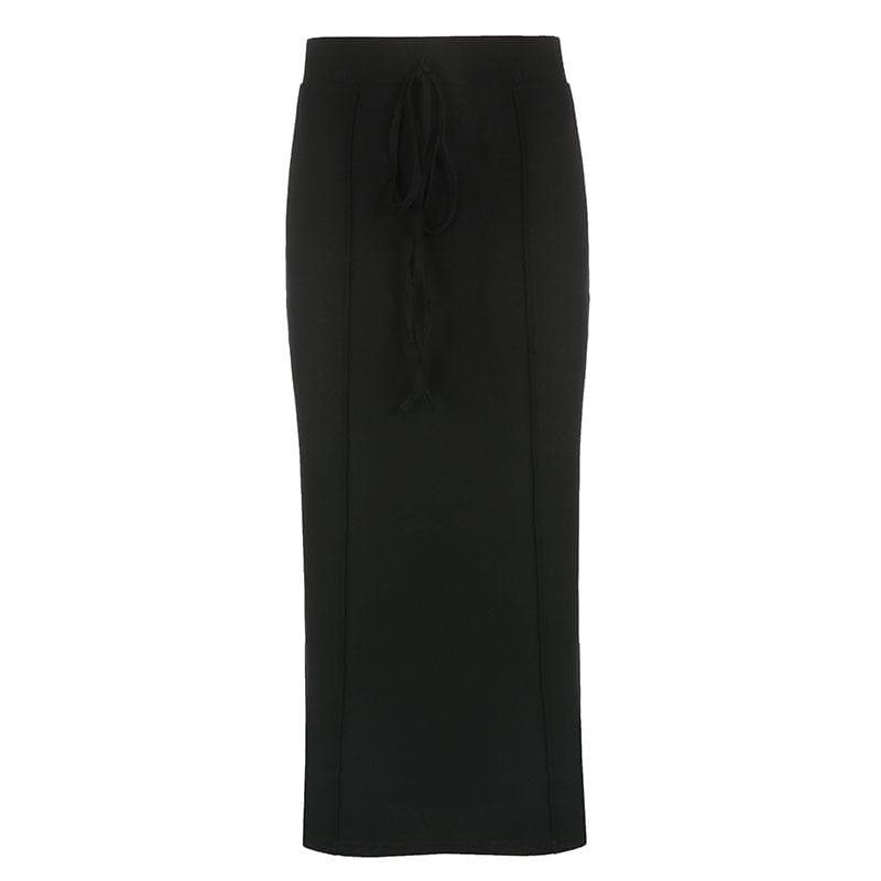 Solid self tie stitch medium rise maxi skirt