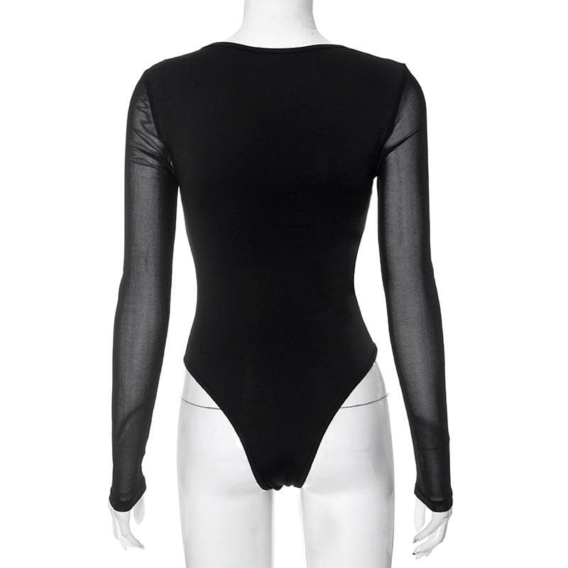 Langärmliger Bodysuit aus einfarbigem Mesh mit quadratischem Ausschnitt und Patchwork