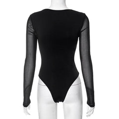 Langärmliger Bodysuit aus einfarbigem Mesh mit quadratischem Ausschnitt und Patchwork