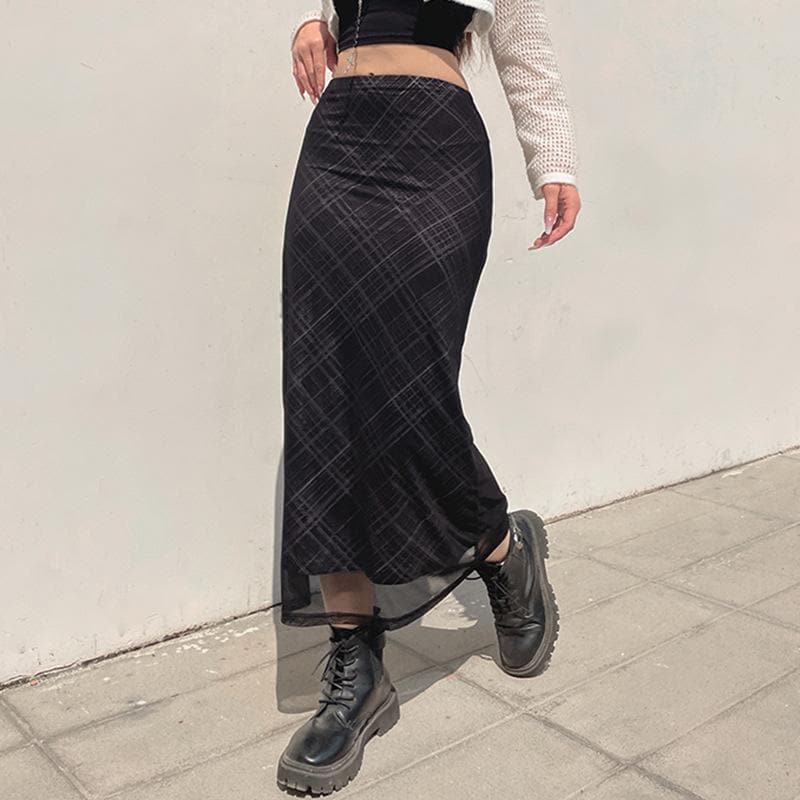 Mesh plaid contrast high rise midi skirt