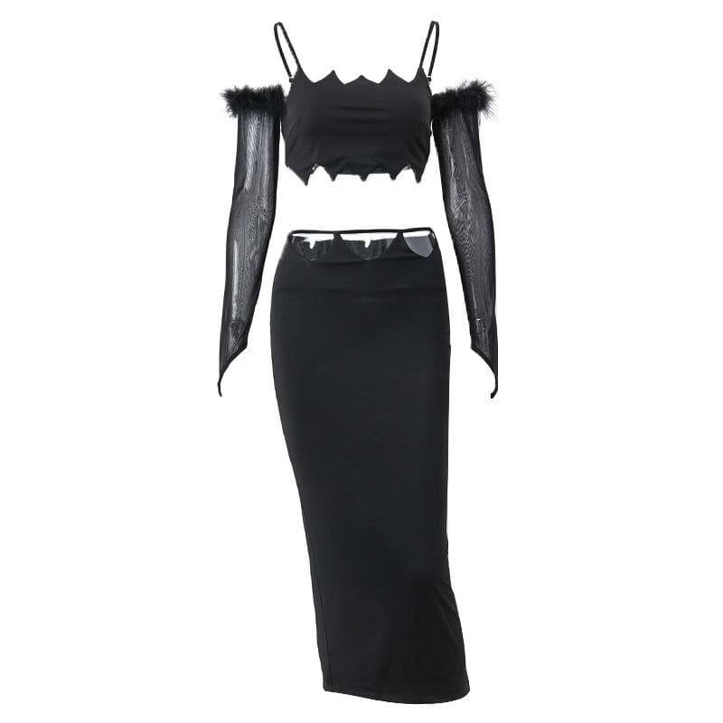 Solid hollow out mesh slit feather gloves midi skirt set