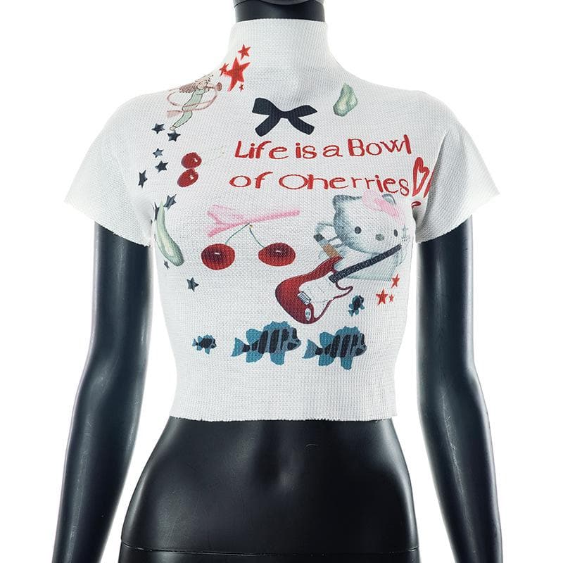 High neck short sleeve abstract contrast textured crop top