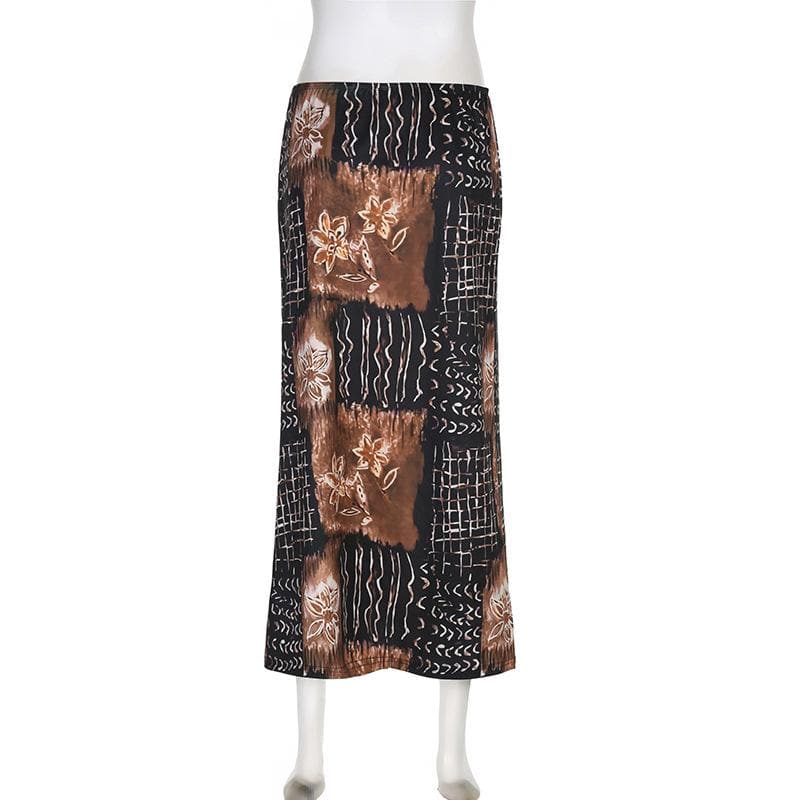 Flower print contrast mesh high neck midi skirt