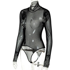 Durchsichtiger Bodysuit aus transparentem Netzstoff mit hohem Kragen und Perlenbesatz und langen Ärmeln