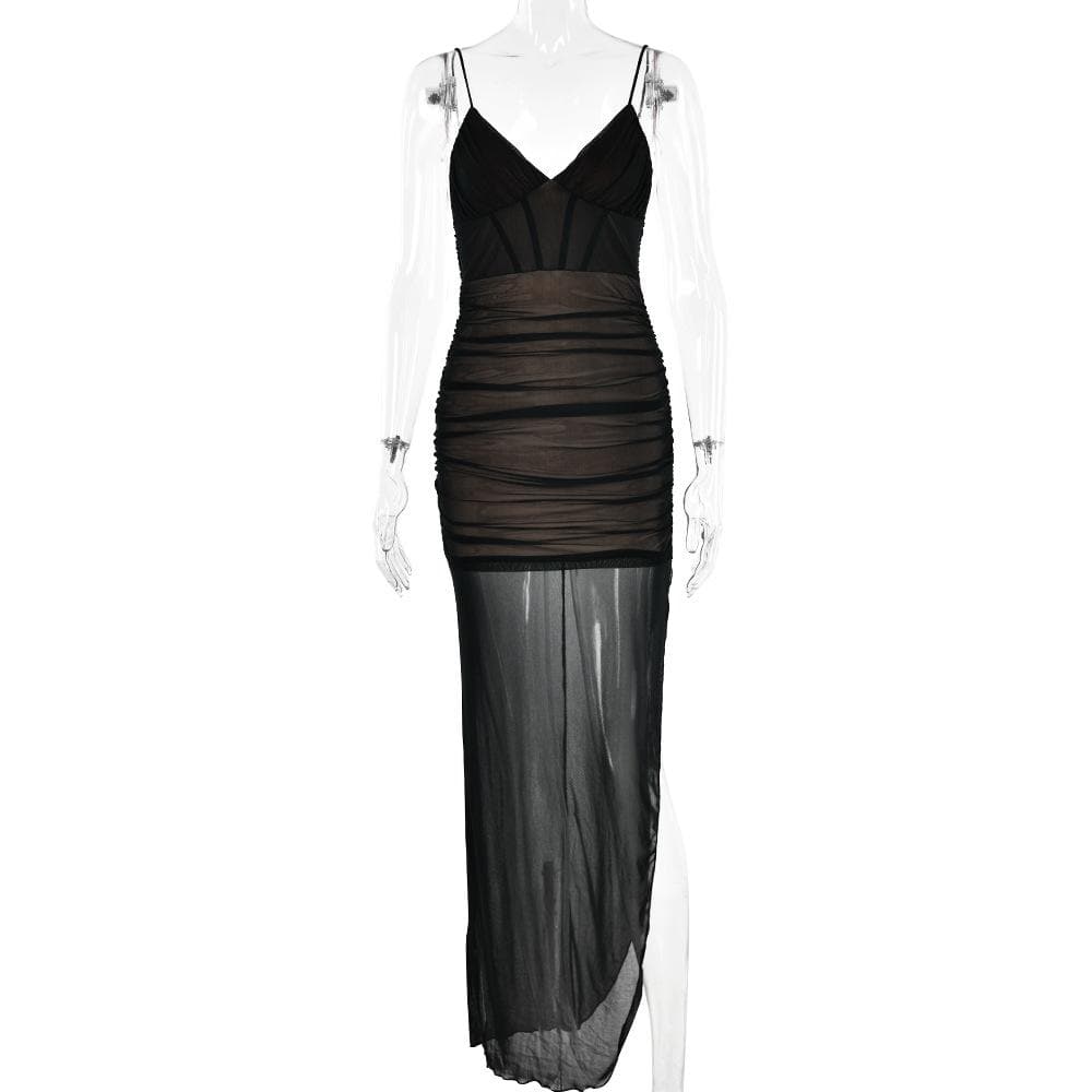 Mesh v neck ruched slit zip-up spaghetti strap maxi dress