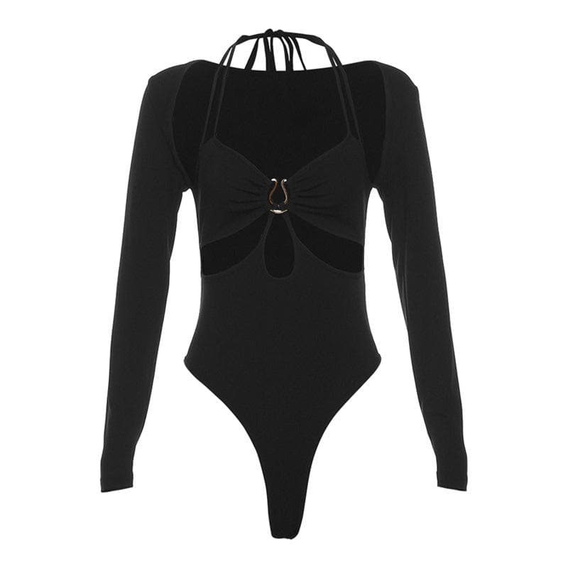 Ausgehöhlter, einfarbiger, langärmliger Neckholder-Bodysuit mit Rüschen 