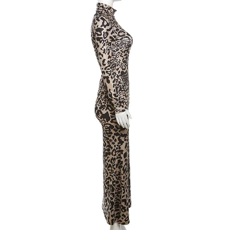 Leopard print contrast high neck long sleeve maxi dress