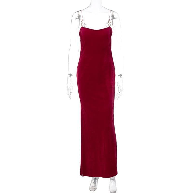 Velvet solid o ring hollow out slit backless maxi dress