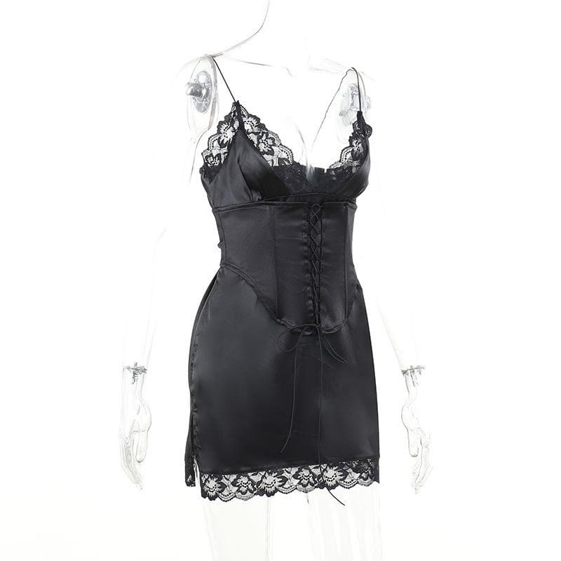 Lace hem solid v neck lace up corset sleeveless mini dress