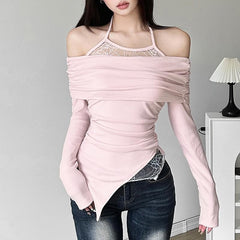 Ruched lace off shoulder halter long sleeve irregular top