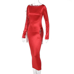 Long sleeve solid satin hollow out self tie crewneck midi dress