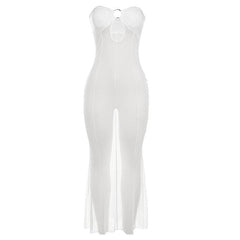 Mesh see through o ring hollow out backless tube maxi dress