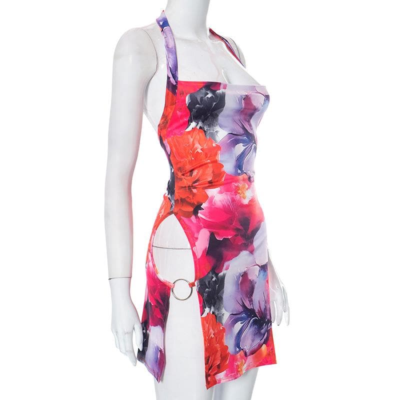 Halter backless slit o ring contrast flower print mini dress