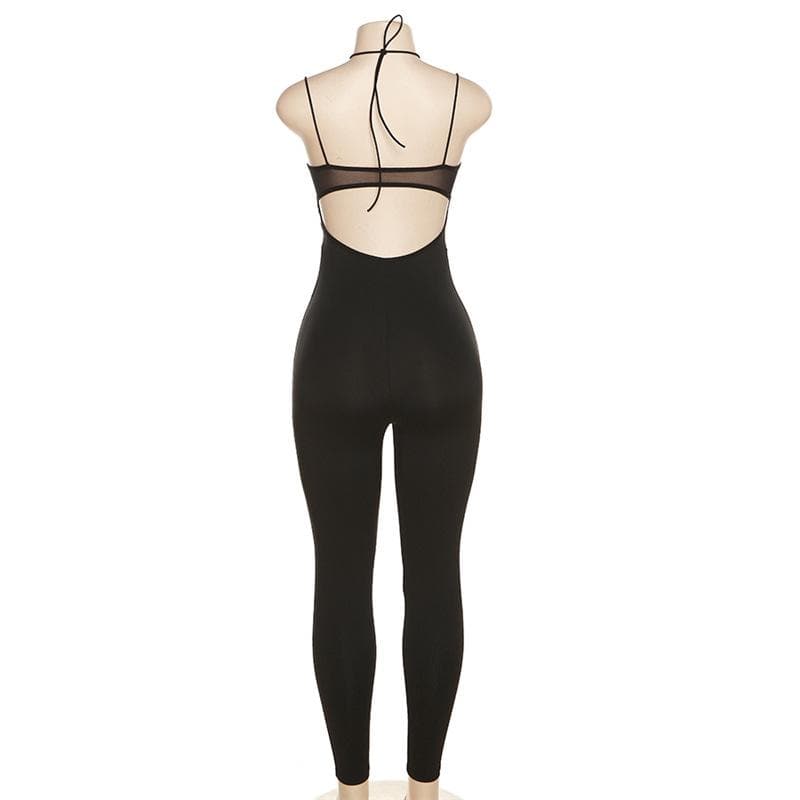 Mesh patchwork solid hollow out backless halter pant set