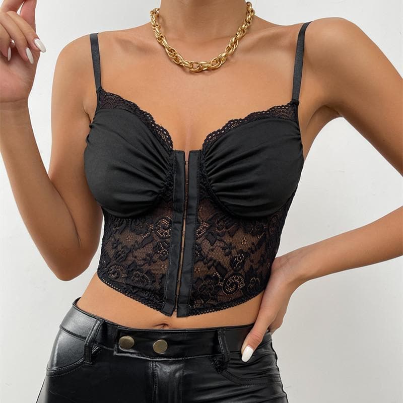 Top camisola liso con espalda descubierta, botones y dobladillo de encaje fruncido 