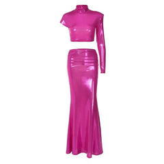 High neck irregular padded metallic maxi skirt set