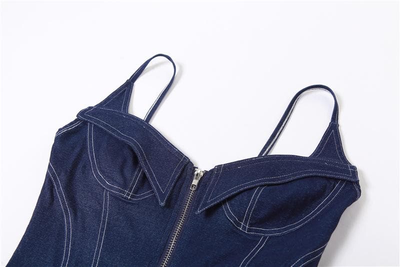 Denim zip-up backless v neck stitch cami bodysuit