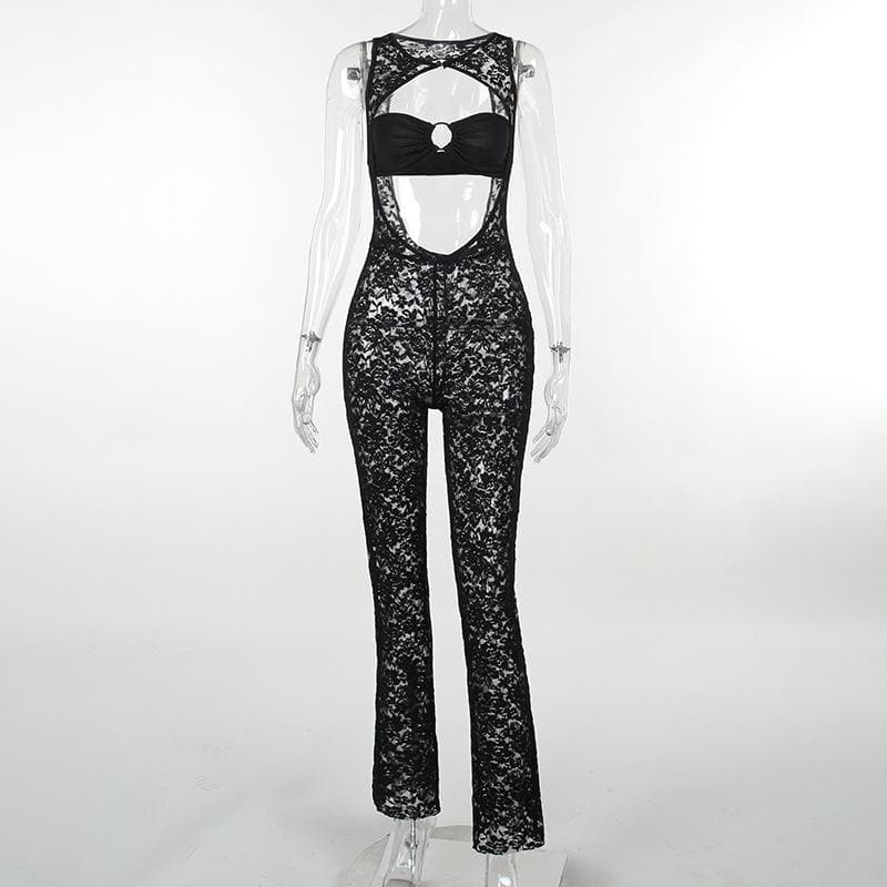 Hollow out lace solid sleeveless o ring tube jumpsuit