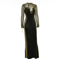 Long sleeve velvet mesh solid zip-up maxi dress