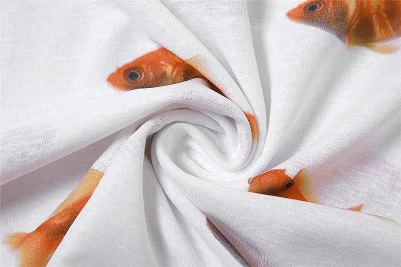 Schulterfreies, langärmliges Minikleid mit Goldfisch-Print