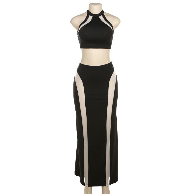 Mesh patchwork halter self tie backless maxi skirt set