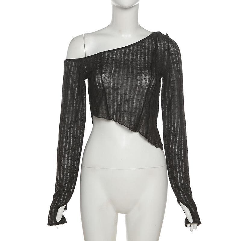 Long sleeve one off shoulder see through ruffled top