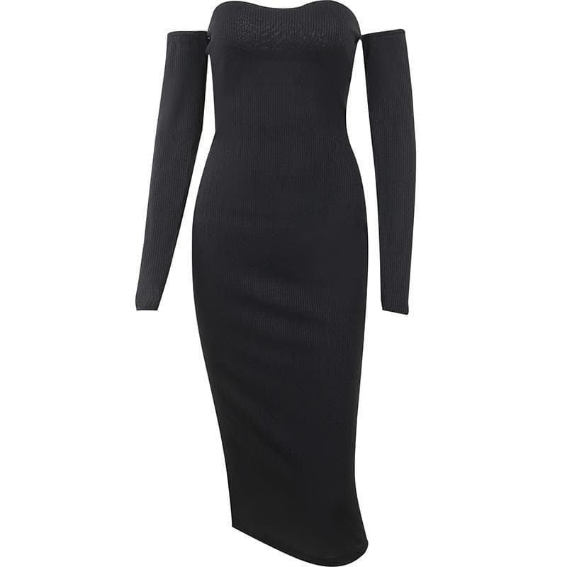 Long sleeve solid ribbed off shoulder backless tube dress