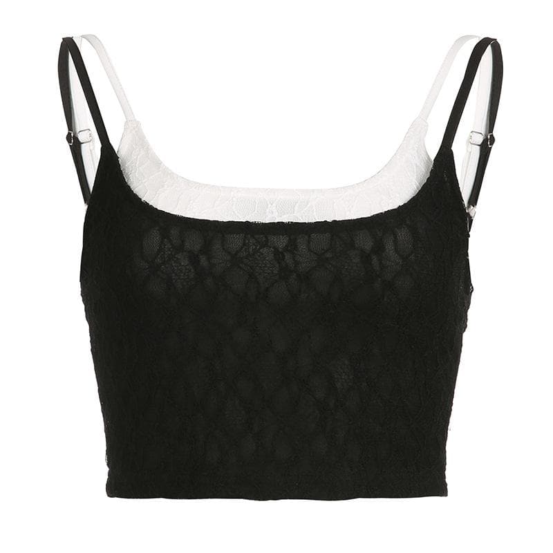 Lace patchwork contrast backless sleeveless crop top - Final Sale