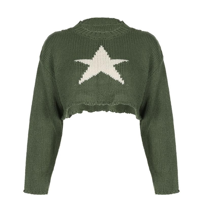 Knitted star pattern contrast long sleeve crewneck crop top