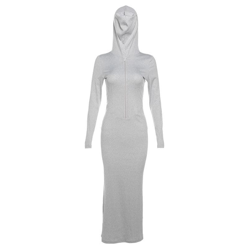 Hoodie long sleeve zip-up ribbed solid maxi dress